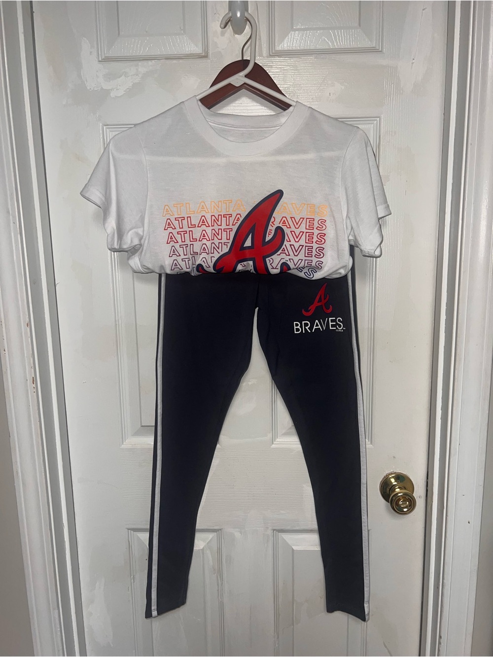 Atlanta Braves Black Leggings with White Side Stripes and Colorful matching tee